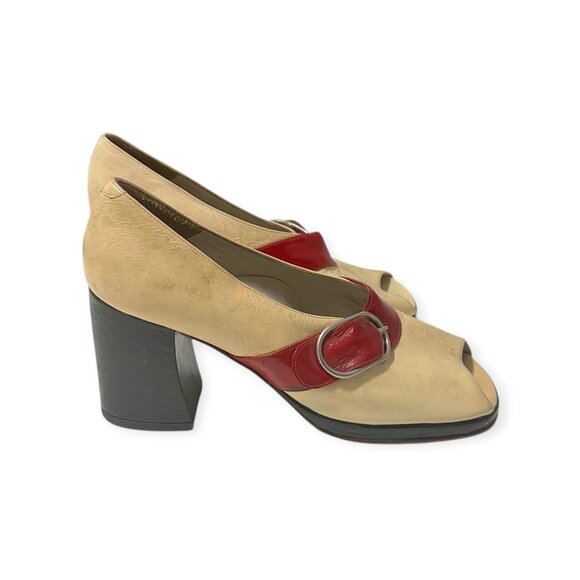 Vintage Ballotta Bologna Italy Red & Ivory Leather Peep-Toe Pumps 1960s–70s - Picture 4 of 11